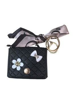 Black Quilted Mini Keychain /bag charm with Floral & Bow Accents